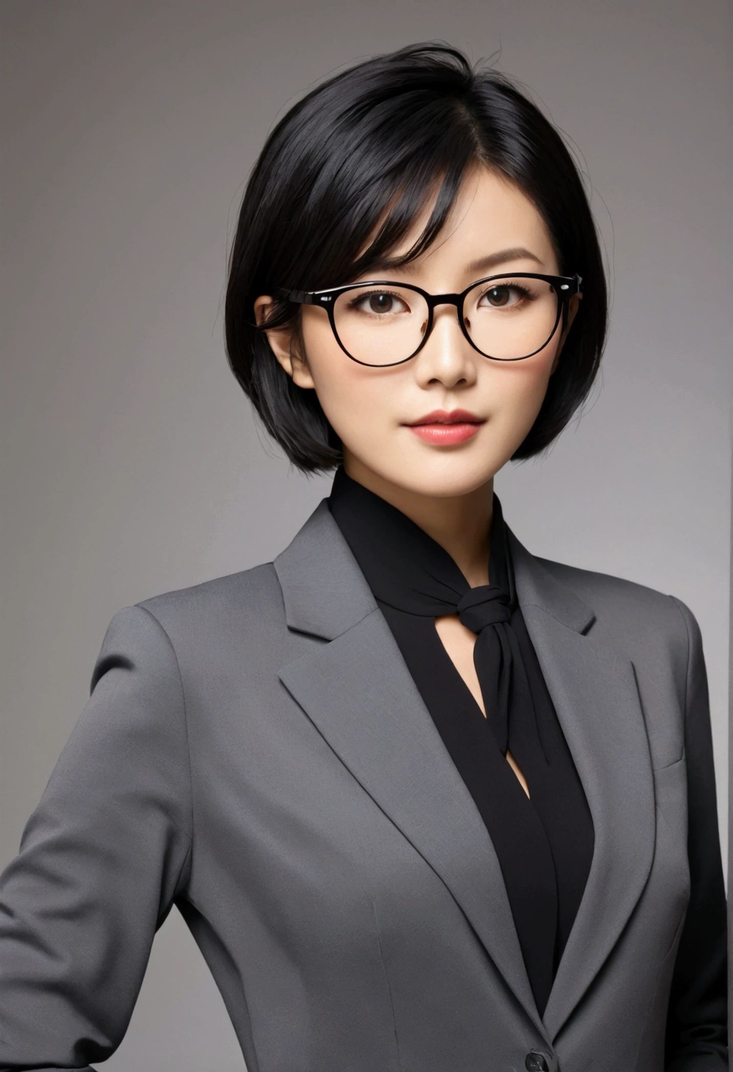 short black hair, glasses, business woman, asian