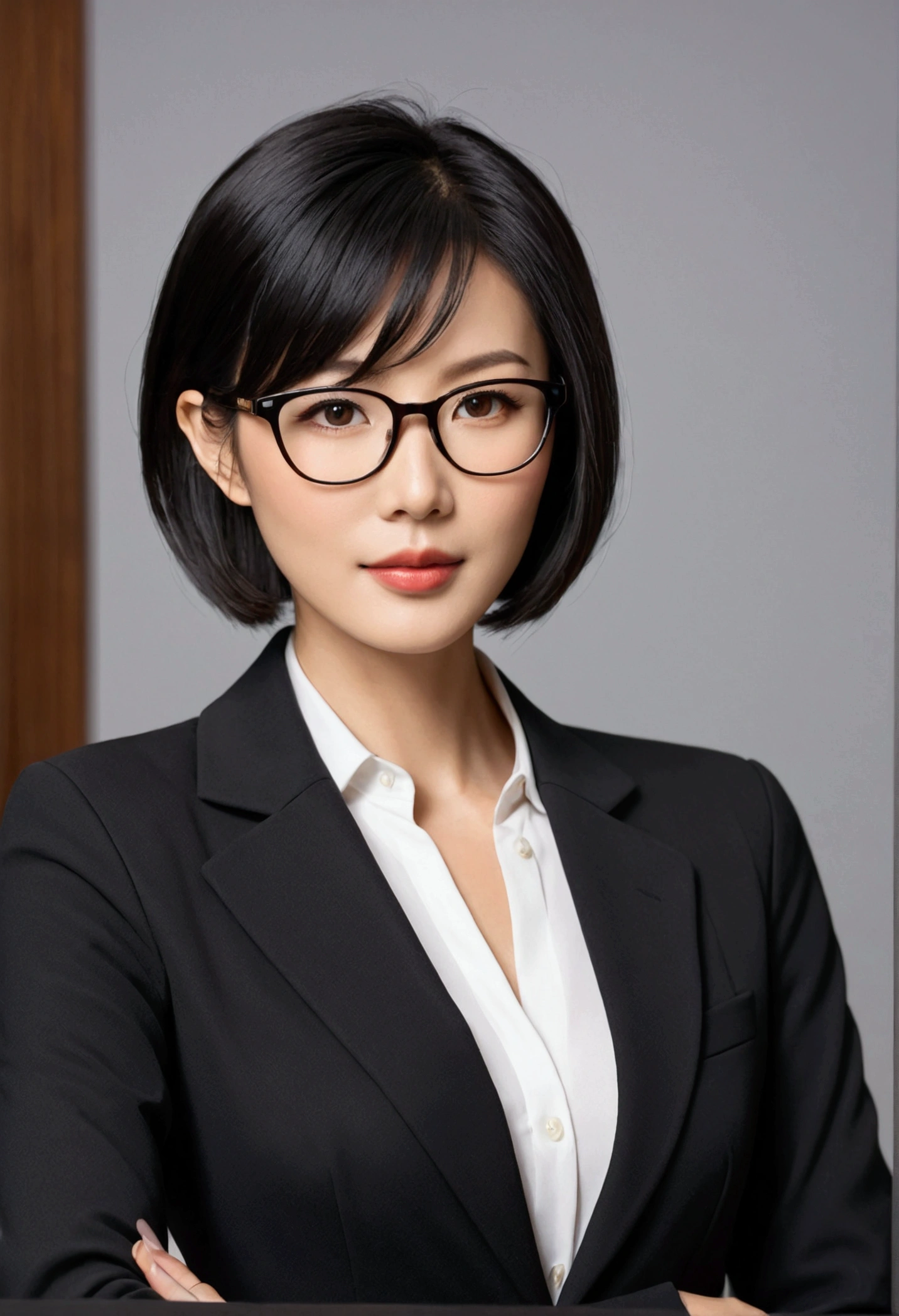 short black hair, glasses, business woman, asian