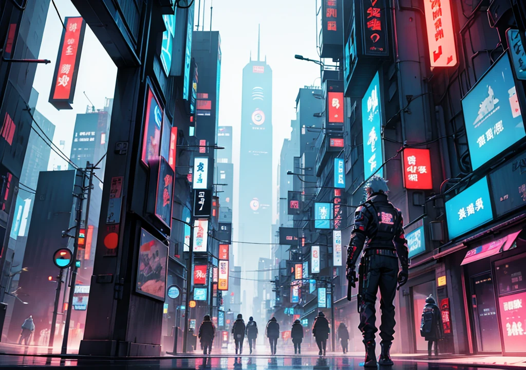 man character, cyber punk, and a futuristic japan style city