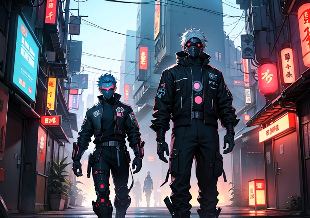 man character, cyber punk, and a futuristic japan style city