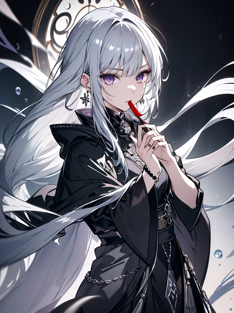 8k,High resolution RAW color art,Anime Art, (((Very detailed and cool))), Detailed skin, Blur、texture,(Exquisitely crafted, The finer details, Ultra-detailed art), (((One boy))), Depth of written boundary, Silky Touch, Hyper Detail, (((Cool face))), eye shadow、Silver Marble Skin, Beautifully detailed purple eyes, Beautiful lip detail, Very delicate face, Delicate depiction of hair and eyes, Detailed Fashion, Silver earrings,Silver Bracelet、Full body depiction, Black high neck、black waist cloak、 A little bit of grey hair、Semi-long hair、(((Hair)))、water surface、silk clotheatte、Soft clothes、cool、Food