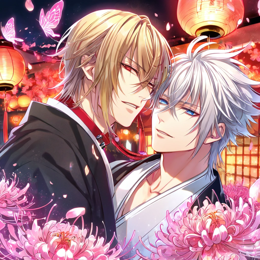 absurd resolution, high resolution, ultra detailed, detailed eyes, extremely detailed, HDR, 8K, Kazama Chikage, honey blonde hair, expressive red eyes, Hakuouki, Kuninaga Tenka, white hair, expressive blue eyes, white eyelashes, two sexy men together, yaoi, gay couple, handsome, black haori, white kimono, red collar, fantasy, cool, magical, pink glittering butterflies, pink dust flying around, pink spider lilies, pink petals, pink lanterns, Japanese ambiance, cherry blossoms
