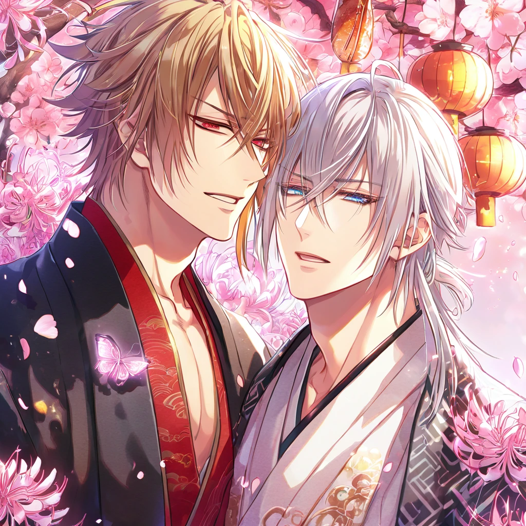 absurd resolution, high resolution, ultra detailed, detailed eyes, extremely detailed, HDR, 8K, Kazama Chikage, honey blonde hair, expressive red eyes, Hakuouki, Kuninaga Tenka, white hair, expressive blue eyes, white eyelashes, two sexy men together, yaoi, gay couple, handsome, black haori, white kimono, red collar, fantasy, cool, magical, pink glittering butterflies, pink dust flying around, pink spider lilies, pink petals, pink lanterns, Japanese ambiance, cherry blossoms