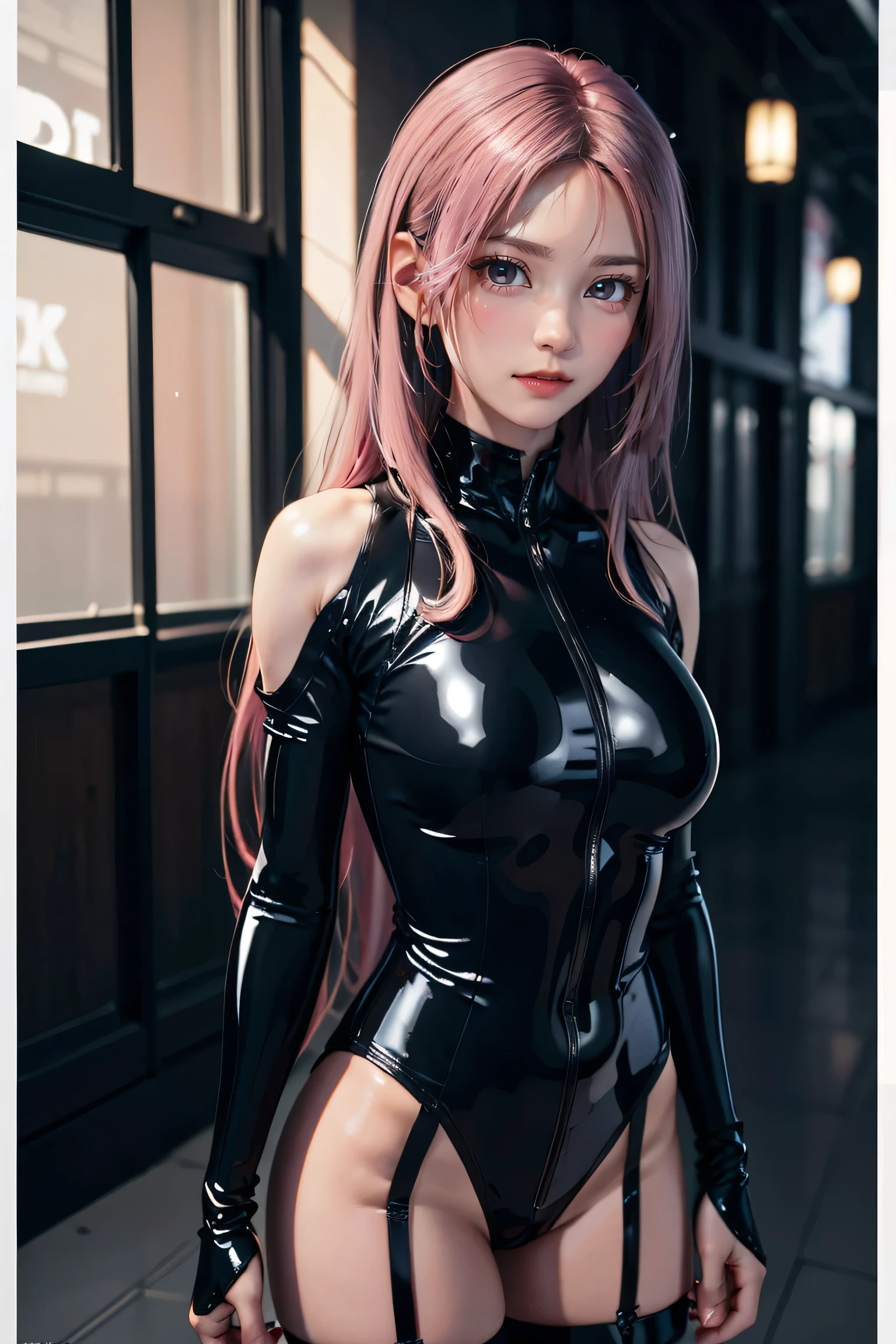 Highest quality，masterpiece，The ultimate solution，Sophisticated，Very colorful，color，(Latex bodysuit:1.4)，Black Stockings，Starry Sky Android!,More detailed 8K.Unreal Engine:1.4,Ultra HD,La Highest quality:1.0, Realistic:1.4, Skin Texture:1.4, masterpiece:1.8,First Job, Highest quality,Object Object], (Detailed facial features:1.3),(Pink long hair:1.4),（Beautifully detailed eye depiction）,(hand:1.4), (Sportswear:1) , (Large Breasts),(See-through)