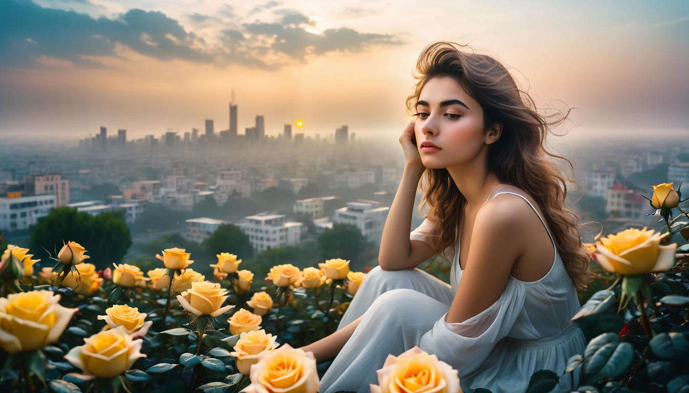 Expansive photograph, Two worlds in one picture: On the horizon is a foggy and sad modern city, high-rise buildings, flying cars. In the foreground I see the most surreal and breathtaking place on earth, A young woman is sitting very beautiful in a huge rose garden, A young woman sits over a rose, the rose glows with a bright yellow light, A young woman sits in a huge garden with roses, A young woman stares at a bright yellow rose, amazing nature around, A young woman is tired of the bustle of the city, she is resting in a huge space of roses and nature, around the center symbolize love, nature and life, symbolic signs, a beautiful young woman, 24k unique piece spectacular colors composition volume in shadows latest lus techniques in the promts, cinematic, dreamy, nostalgic, film grain, shallow depth of field, soft colors, warm tones, (best quality,4k,8k,highres,masterpiece:1.2), ultra-detailed, cinematic lighting, film photography, medium format, 35mm film, analog photography, moody,atmospheric, omantic, ethereal