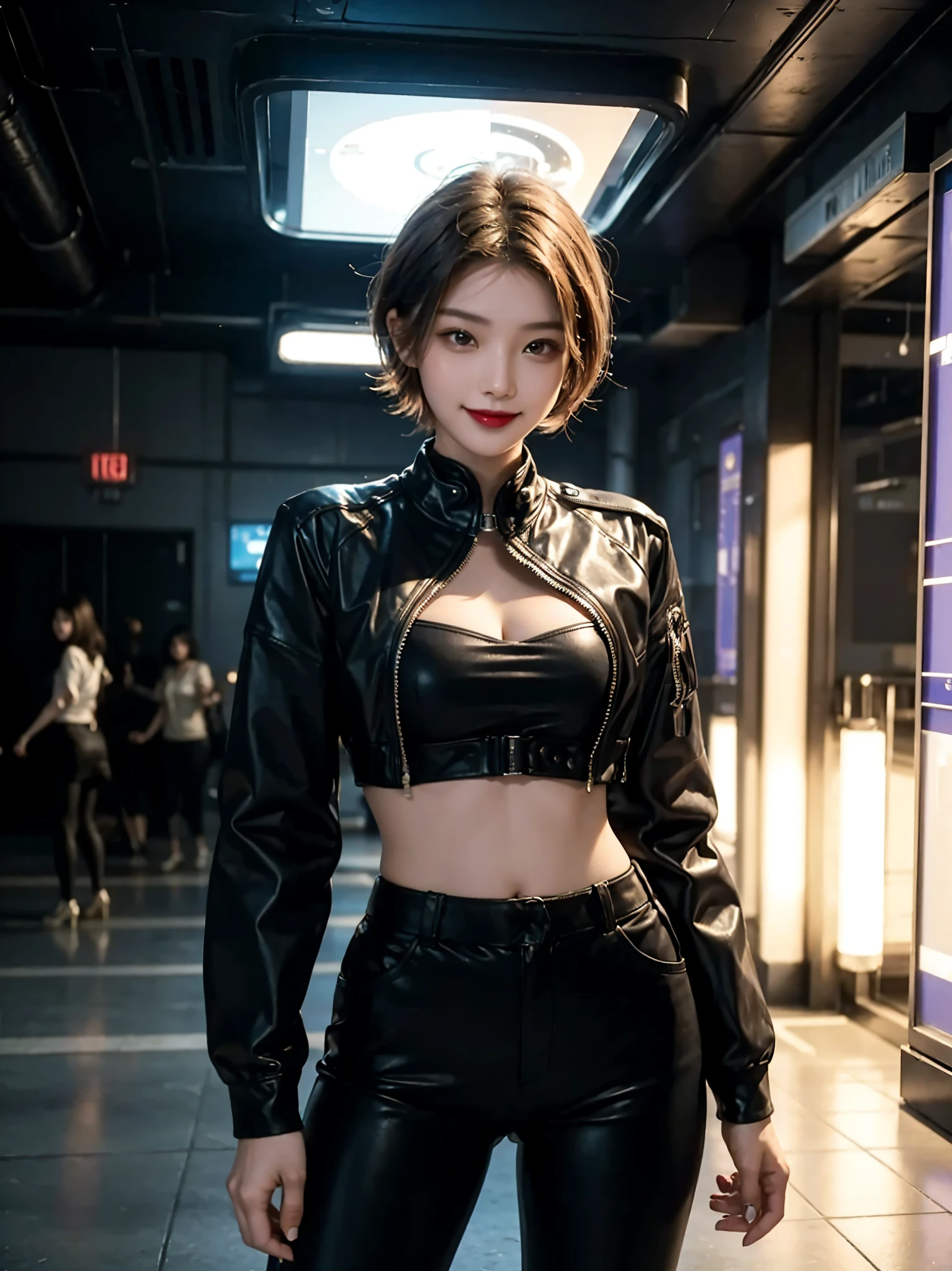 163 Short Hair,  (20-year-old woman, Are standing), Surreal, A kind smile, SF Cool Suit, (lipstick), Futuristic fighter, light, lunp, shining, neon, sparking, 
