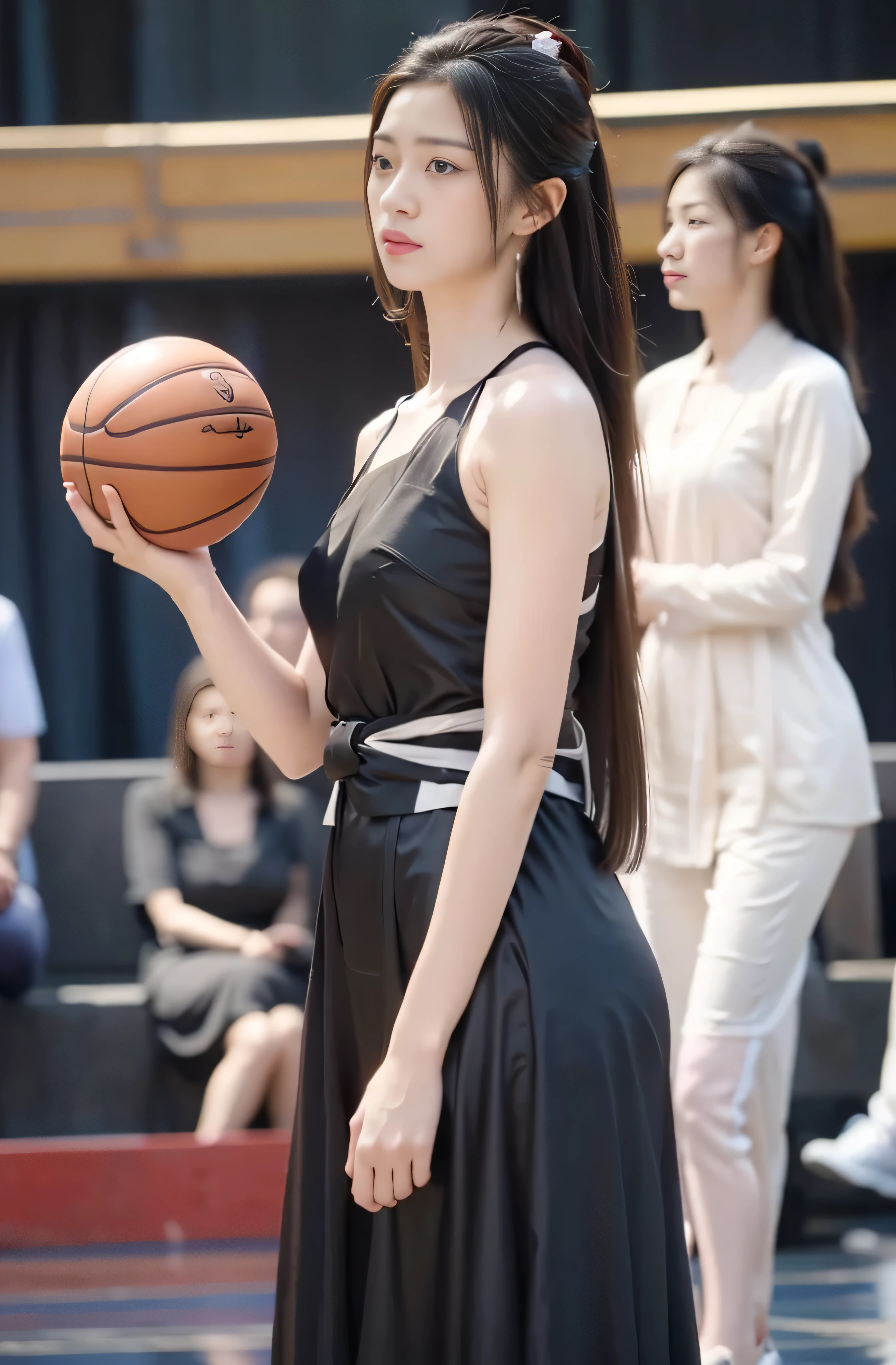 1 girl,Looking at the audience, Focus only on yourself, Practical,Stand confidently，With a basketball in his hand，Wearing a deep black silk dress，Solid color background