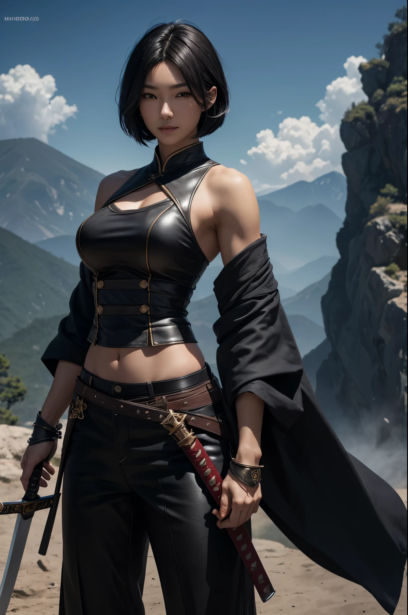 8k、alone、 big breasted beauty,Super Beauty(Like the real thing),Iris,super beautiful teenager,Black short bob hair,黒と赤のSexy Exterior,Black trousers,Golden decoration,長くて大きなJapanese sword,Demon Slayer: Androgynous Beauty,A wonderful work of art、Wind effects:1.9、Cloud Effect:1.2、Full Rendering,Unreal Engine、Japanese sword 1本,Cool beauty,Ultra-high resolution,super 超Realistic Skin,Ultra-precise hand-crafted detailing,1Japanese sword,smile,Photorealistic RAW photos of the highest quality。Backlight, Cinema Lighting, Film Grain, 50mm lens, Nikon D850,Realistic Skin,Fantasy art,Character Art,Ultra-high resolution,Muscular and slim body,Muscular and lean lower body,Precise facial details,What's left behind,Perfect hands,Cool sexy beauty,landscape,A lot of thick red smoke(largely),Ultra-realistic smoke,Extremely ripped abs,Muscular Beauty,Very large breasts,Sexy Exterior,Wide open chest,Body balance,smile,Makeup,Accentuate your cleavage,Dynamic fighting pose,