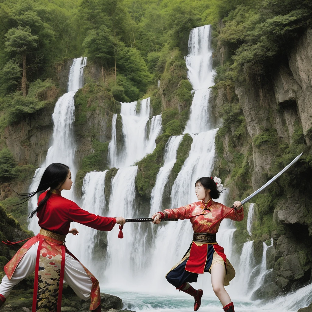 photography of female chinese warrior was swinging a sword forward, in front of her was a beautiful waterfall,powerful image of nature --ar 9:16 --style raw