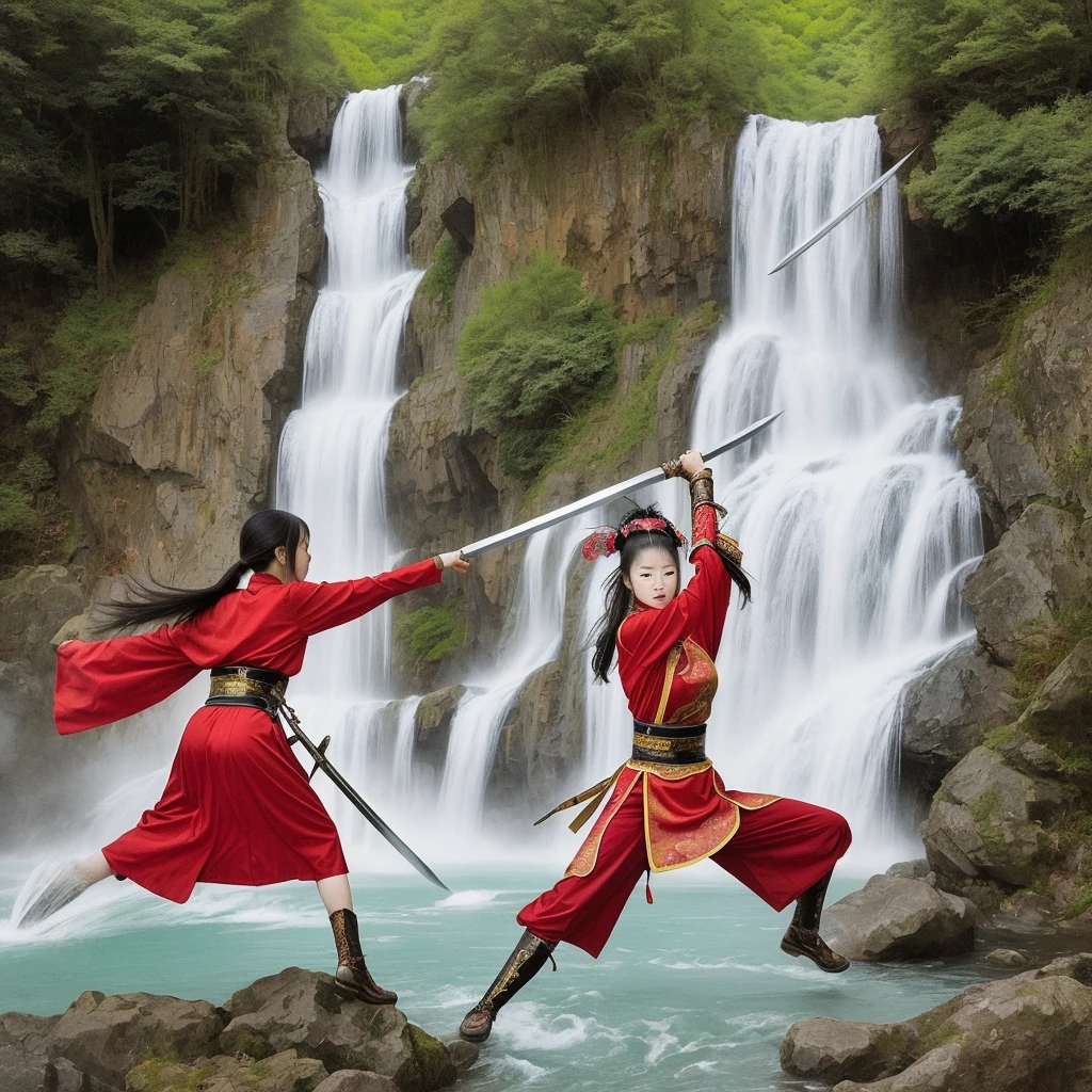 photography of female chinese warrior was swinging a sword forward, in front of her was a beautiful waterfall,powerful image of nature --ar 9:16 --style raw