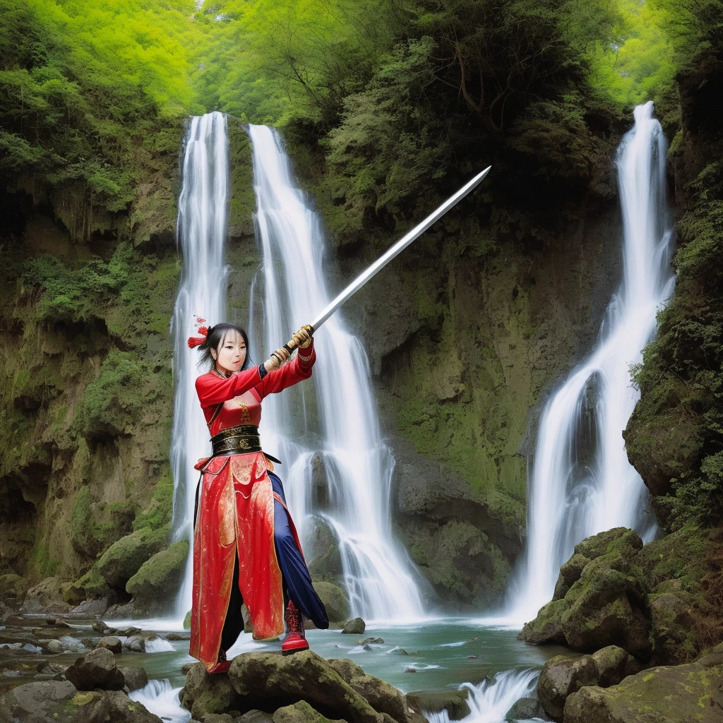 photography of female chinese warrior was swinging a sword forward, in front of her was a beautiful waterfall,powerful image of nature --ar 9:16 --style raw