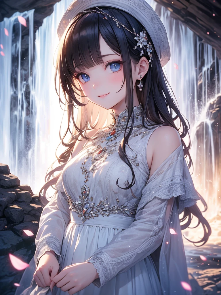 (masterpiece:1.2),(4k),high quality,super high resolution,(perfect anatomy),(1 girl),ultra-detailed face,silver long hair,beautiful detailed blue eyes,a shy smile,look at viewer,long sleeve petal collar blouse,white newsboy cap,tiered skirt,Undeservedly beautiful,dreamy romantic,fantastic and dreamy theme,mysterious atmosphere,enchanting dream,fantastical scenes,Add a dramatic and symbolic element to your scene,near the waterfall