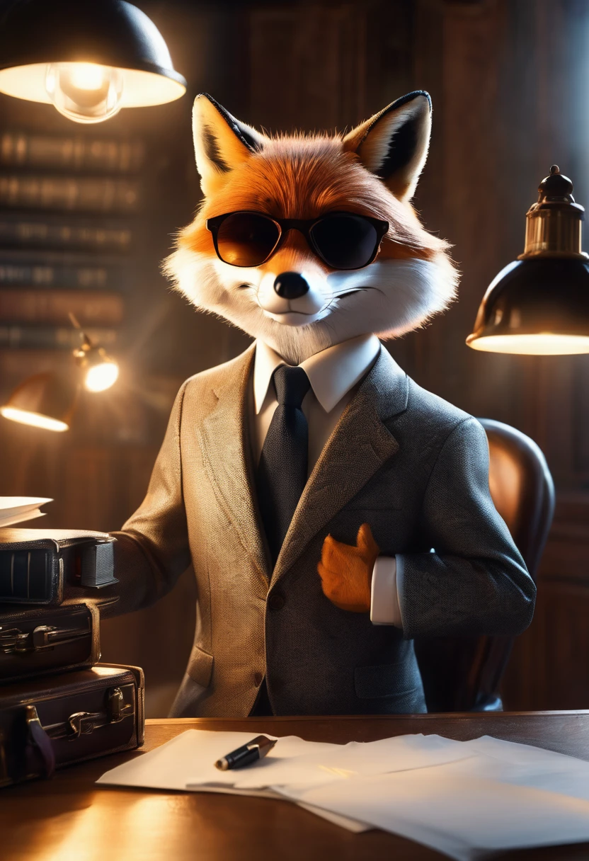 a portrait of photorealistic a fox playing lawyer(holding suitcase:0.6) in stunning moment with a heavenly transition luminescent movement backgound, luminous dress, glowing suit, sitting behind the desk, suitcase, papers, black sunglasses, UHD, intricate detailed, 8k, best quality ever, masterpiece, super detailed, unleashed creativity, beyond imagination, dramatic ligh