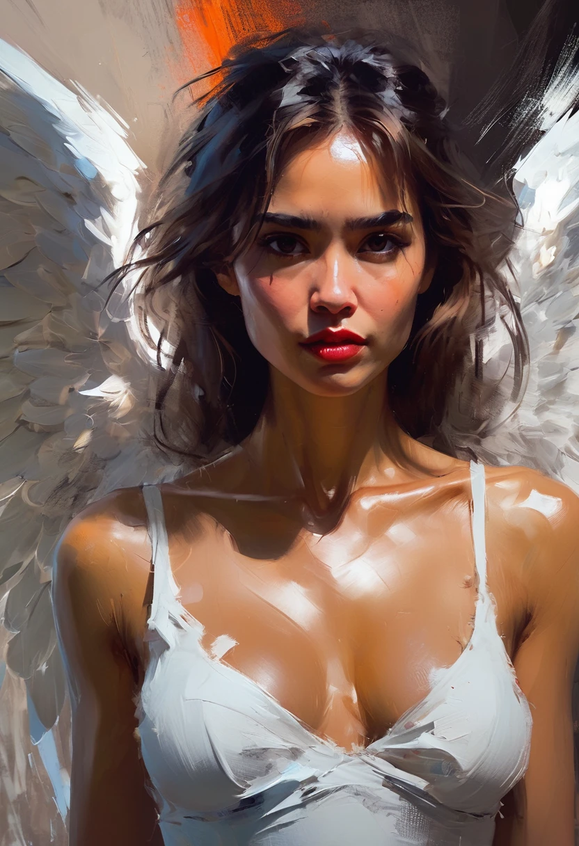 digital painting, expressive, bold brushstrokes, close-up woman as an angel style of Henry Asencio, cleavage, short skirt, sexy
