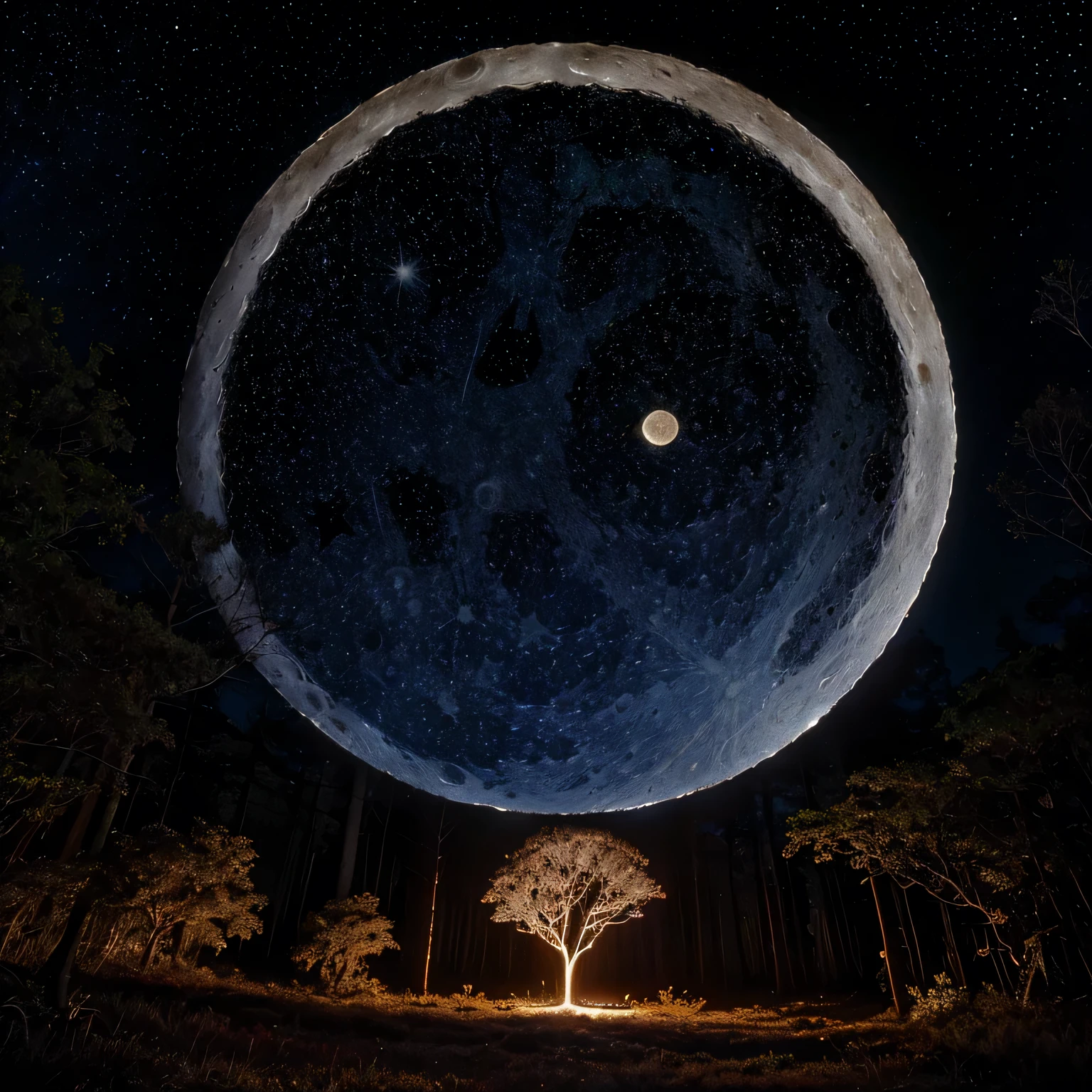 Forest on the background of moonlight, (((there is a large lunar disk and stars in the sky))), magical mood, mysterious flickering. Deep, rich colors and intricate details. Karn Griffiths and Charles Wess