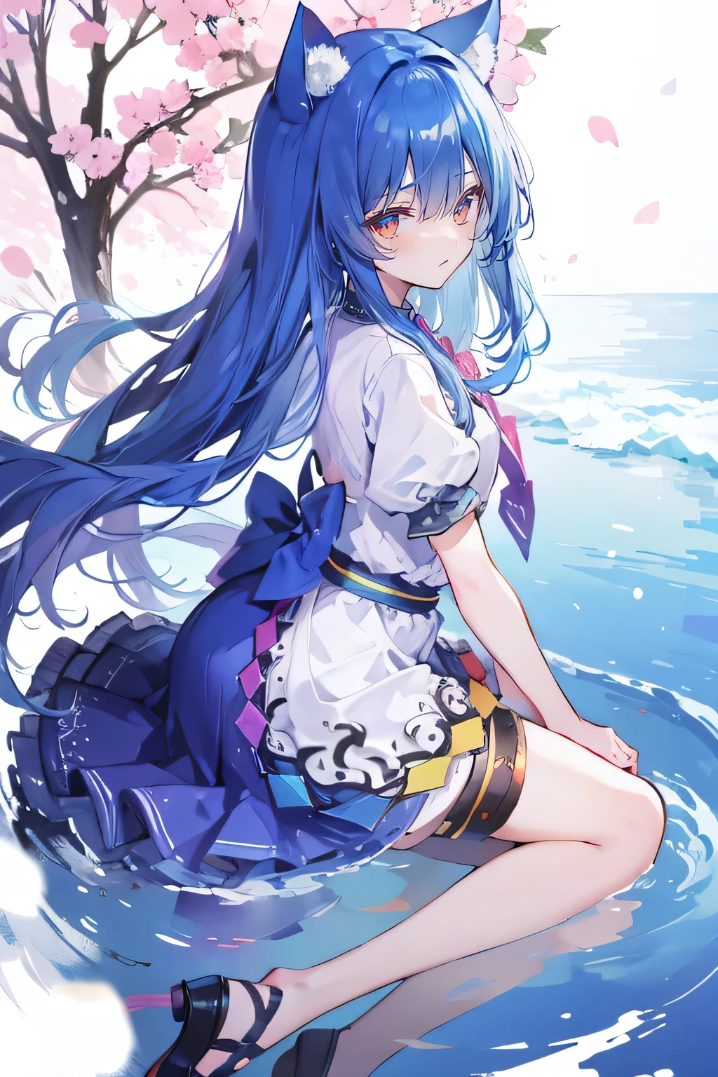 (masterpiece:1.2),Super detailed,lifelike,Expressive eyes,fair skin,perfect face shape,1 girl,
Japanese comics,Gorgeous blue hair,flowing blue hair,flowing clothes,Cat ears,Petals fall,beautiful lola,Baby Angel,
Shaking head with one hand,Cross your legs,Gentle and peaceful background,The pavilion is cool and comfortable,smile,back views,snowing, winter,lie on the water。
