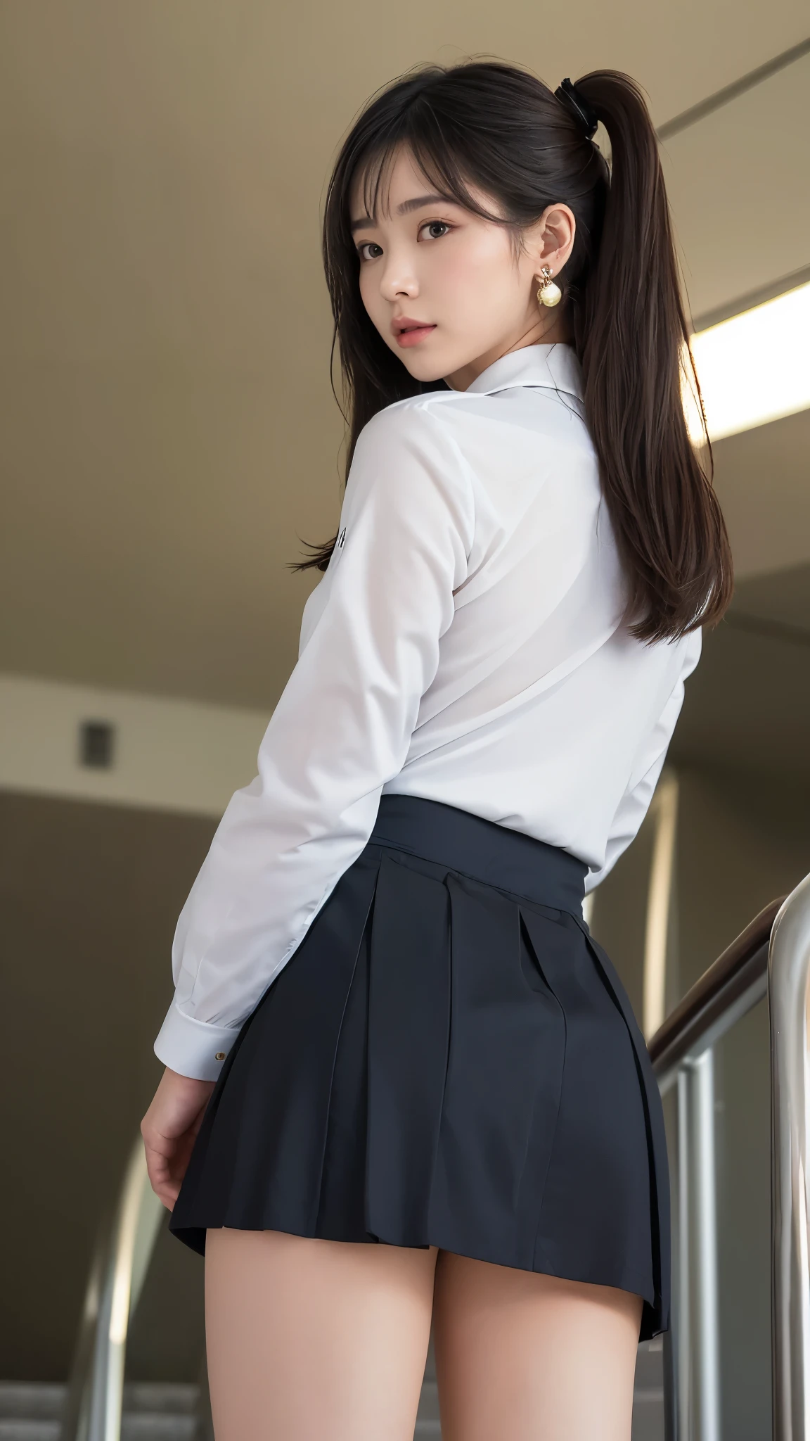 (((Lift your skirt slightly to reveal your T-back.:1.5))), (from below: 2), 
Perfect Japanese girl, 20 years old, (standing on the airport stairs:1.3), (((stewardess uniform:1.3))), (arched backrest:1.3), White skin, Full body picture, 
hair light, professional picture, Dynamic angle shot, film grain, Blinding light, ray tracing, dynamic lighting, camera tilt, lens flare, (((masterpiece))), ((best quality)), ((complicated)), ((realistic)), (50mm sigma f/1.4 Zeiss lenses, f1.4, 1/800s, ISO100, picture:1.1), aspect, mature woman, very Accustomed, shape, 1 girl, big bust, beautiful and delicate eyes, twin tail, no bang, black hair, brown eyes, earring, Accustomed background, perfect eyes, fascinating eyes, looking at viewer, From shape-based, ((masterpiece)), (Accustomed), perfect face, not overexposure, 