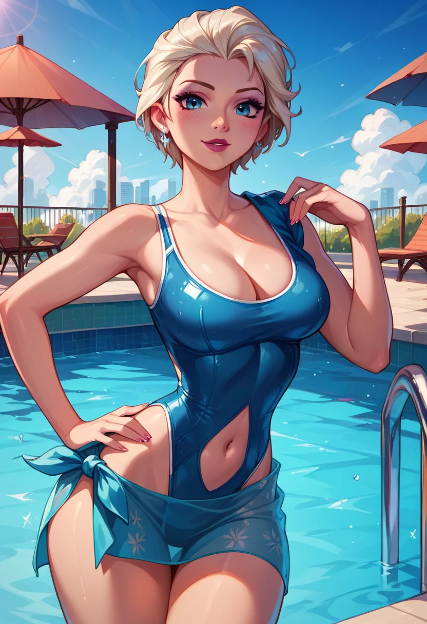 score_9, score_8_up, score_7_up, score_6_up, elsa, short hair, (cute one-piece swimsuit, high waist, cutout, navel, cleavage:1.2), (small sheer sarong:1.1), cinematic lighting,, looking at viewer, hand on hip, by pool, city background.