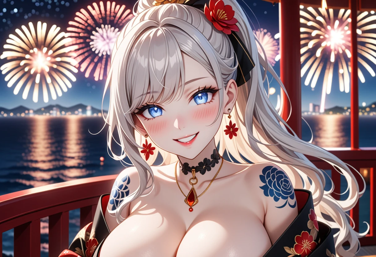 ultra-detailed, ((one girl)), (pale skin:1.5), fair-skinned gyaru, ((Girl in black kimono)), (heavy makeup), (professional lighting), hyper detailed, absurdres, 8k, Beautiful Face, (Laugh shyly), ((teasing smile:1.2)), ((happy smile:1.4)), ((Wink:1.4)), (Laugh with your mouth wide open),((Tilt your face:1.6)), View your viewers, ((full-face blush:1.4)), Glossy Red Lips, ((huge breasts:1.6)), undressing, ((She is undressed up to her shoulders, highlighting her cleavage.)), ((Shoulder Tattoo:1.3)), summer, night,Observatory with a view of the sea, firework, ((Anime style background)),masterpiece, Highest quality, so beautiful,Latest, Complex details, ((red long nail:1.2)), (ring),(bracelet), (Floral Choker),AI-generated, Complex,High resolution, Highest quality, super high quality,3D Images、3D Images,One person, (Silver White hair),Long Hair, (White high ponytail), (wavy hair:1.3)), Anime woman posing for a photo, ((Eyes with detailed pupils、blue eyes、glowing eyes:1.3)), (Squint your eyes:1.1),a hyperRealistic , hyperRealistic , Realistic,Anime woman with long white hair, Smooth anime CG art, ((A girl in a gorgeous black kimono:1.2)), ((black furisode:1.3)),Gold embroidery, (Large floral pattern in red color), (sideboob), (Long red flower hair ornament),(big floral earrings), Mature Body, tall,Narrow waist, (extreme close-up shot),((dutch angle)),