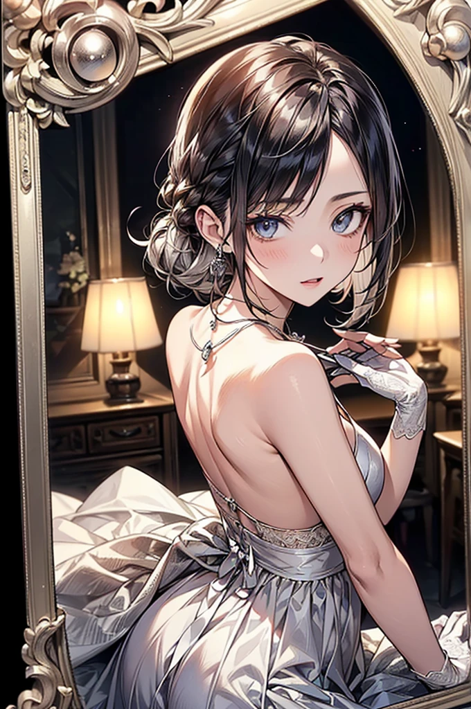 ((Biologically correct limb count))、(( Full-body photo including face))、4K、((Standing position))、masterpiece、((Focus on the face))、((Symmetrical facial features))、Eye for detailed depiction、Beautiful blue-haired woman、Excellent style、Beautiful clavicle、Beautiful feet、Beautiful Hands、Slender body、(stockings、garter belt、High heels)、Detailed depiction of the face、Small earrings、necklace、(No sleeve、Black and red gothic dress)、High heelsに照明を当てる、tie、sunny、(((Photo frame with white border)))、Seductive posture、((She is sitting with her buttocks thrust back and her upper body arched, looking up.))、Looking at the night view、(Low - Angle、A camera angle that captures the inside of a skirt from below)、Silk gloves、(((Black Hair、Silver Hair)))、(((Moments of ecstasy)))、((Looking back))、Close-up photo of the upper body、