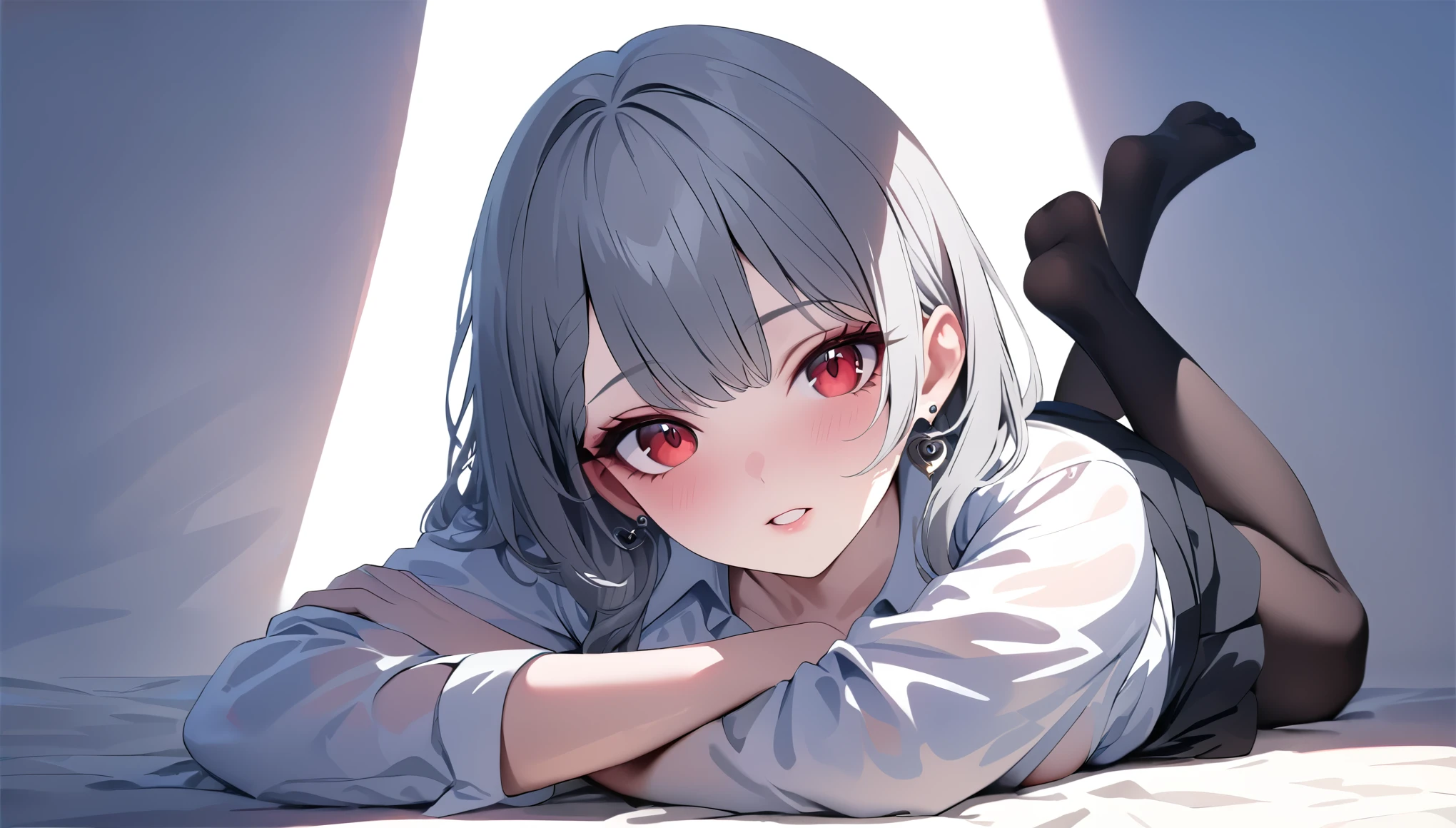 Gentle expression, Lying down, White glasses, Short grey hair(8k, RAW Photos, Realistic:1.25) ,( Lip gloss, eyelash, Glossy face, Glowing Skin, Highest quality, 超High resolution , Depth of written boundary, chromatic aberration, Caustics, Wide Light, Natural Shadows, K-Pop Idols) She gazes at the viewer with a look of serenity and goddess-like bliss., whole body,Red eyes, White underwear, Black Stockings, See-through shirt, White shirt,Black Skirt,Earrings, tooth, secretary,masterpiece, High resolution, Octance 4K, Attention to detail