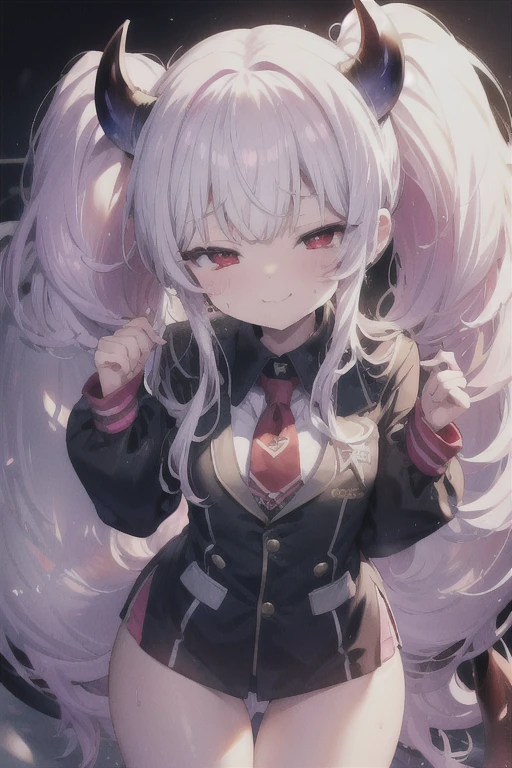pretty girl、Young face、long silver Hair、long Twin tails、Pink eyeischievous face、Spoiled brat、uniform、Immature body、Small breasts、smile、Sweat、(Thick thighs:1.5)、very little demon horns and tail、red eyes、(Cowboy Shot)、On all fours、Backwards、looking at viewer、sweat、ハート型の眼