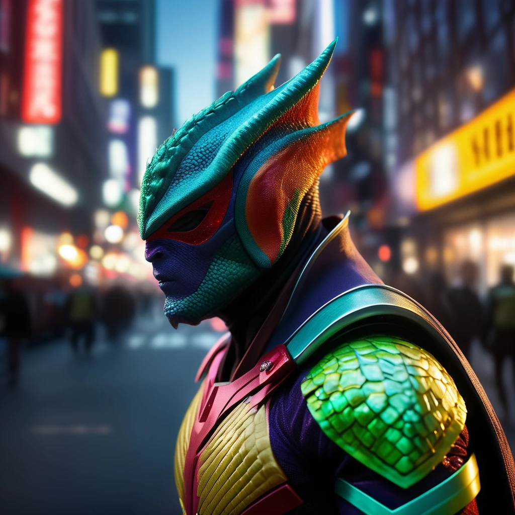 (a human shaped tokusatsu chameleonic mutant supervillain with chameleon characteristics, unusual, terroristic fight scene, violent pose, action shot, raw photo, photorealistic, in midtown, octane render, ray tracing, masterpiece, face in frame, clearly, sharp focus, depth of field, dim soft lighting, professional lighting, highly detailed, technicolor, live action, HDR, sharpen, global illumination, hyper quality, chaos, intricate, epic composition, high resolution, high definition, high brightness, high saturation, bloom, high contrast)