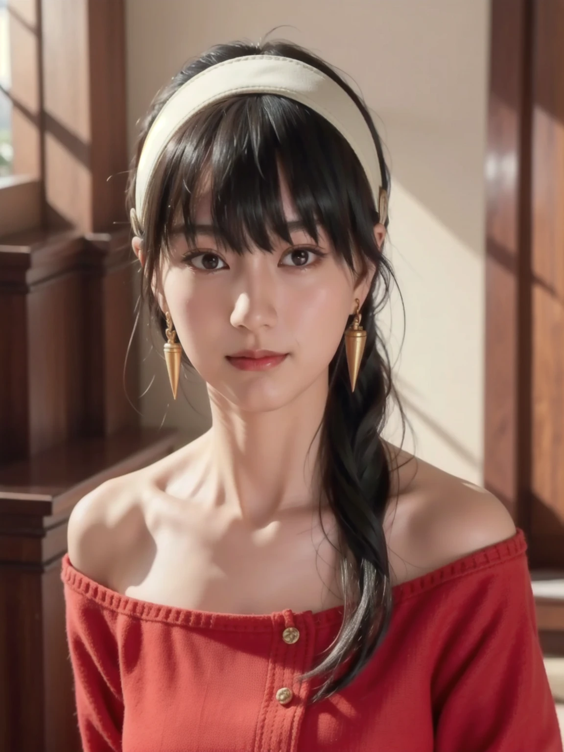 hight resolution、masterpiece、1girl in、Bjorf、A dark-haired、short hair with long locks、white hairband、Look up、Kamimei、bending forward、smile、Bring your face closer、Red Eyes、Gold Earrings、Jewelry、off shoulders、Red Sweater、long-sleeve