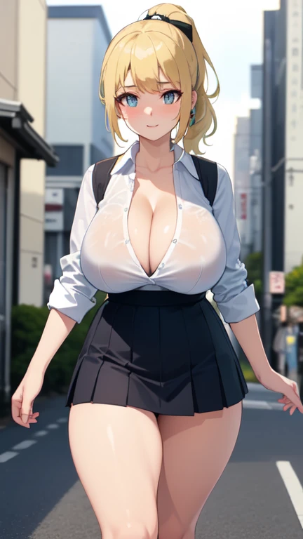 ((Highest quality)), ((masterpiece)), (detailed), 
((huge breasts))
((Very thick thighs))
((Very fleshy young woman))
(Tall)
(cleavage)
(Short Blonde side ponytail hair)
Blue eyes
Standing
(((Shoot from front)))
(((photograph the whole body)))
(Japanese school uniform)
(white (business) shirt)
(Black mini(school)skirt)
Japanese 
Tokyo city