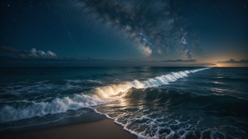 "A realistic night scene of a beach with waves crashing gently onto the shore. The waves are vividly glowing with bright blue bioluminescence, illuminating the entire shoreline. The glowing water contrasts sharply against the dark sand and the night sky, creating a stunning visual effect. Silhouettes of palm trees are visible in the background, and a few stars twinkle in the sky. The overall atmosphere is serene and mesmerizing, with the bioluminescent waves as the main highlight of the scene."