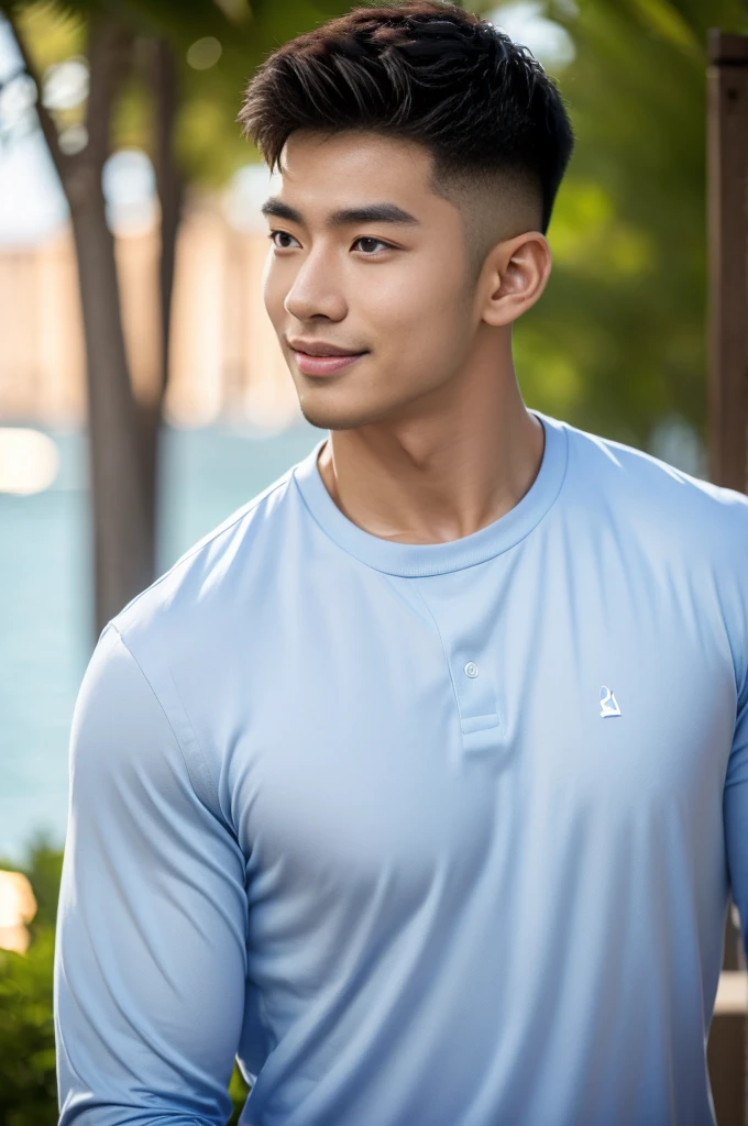 A handsome, muscular young Asian man drinking water, looking at the camera, wearing sport suit, Fieldside, sunlight