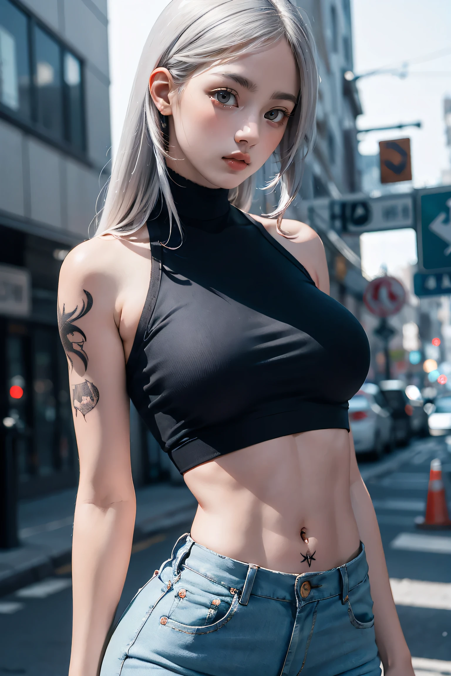 Beautiful college girl in the city,masterpiece,light makeup,Red lips,Silver Hair,Disheveled long hair,Street background,Grace,Grace。A masterpiece of ultra-fine detail,Authentic texture,Realism in film lighting,Perfect piece,8k,khd,Delicate facial features,White skinny turtleneck top,white skinny shorts,Slim figure,Big bright eyes,Smooth Skin,Ear discharge,Choker Necklace,(((He has many tattoos all over his body)), (((Tight waist))), ((Big Breasts)),(See through),panties,(NSFW:0.8)