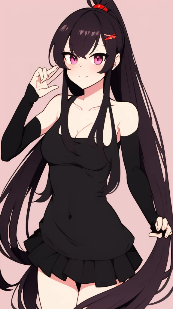 A 20-year-old cat girl with long black hair, gray eyes, cat ears and a cat tail, wears glasses, black  long dresses sexy, sleeveless, standing, looking