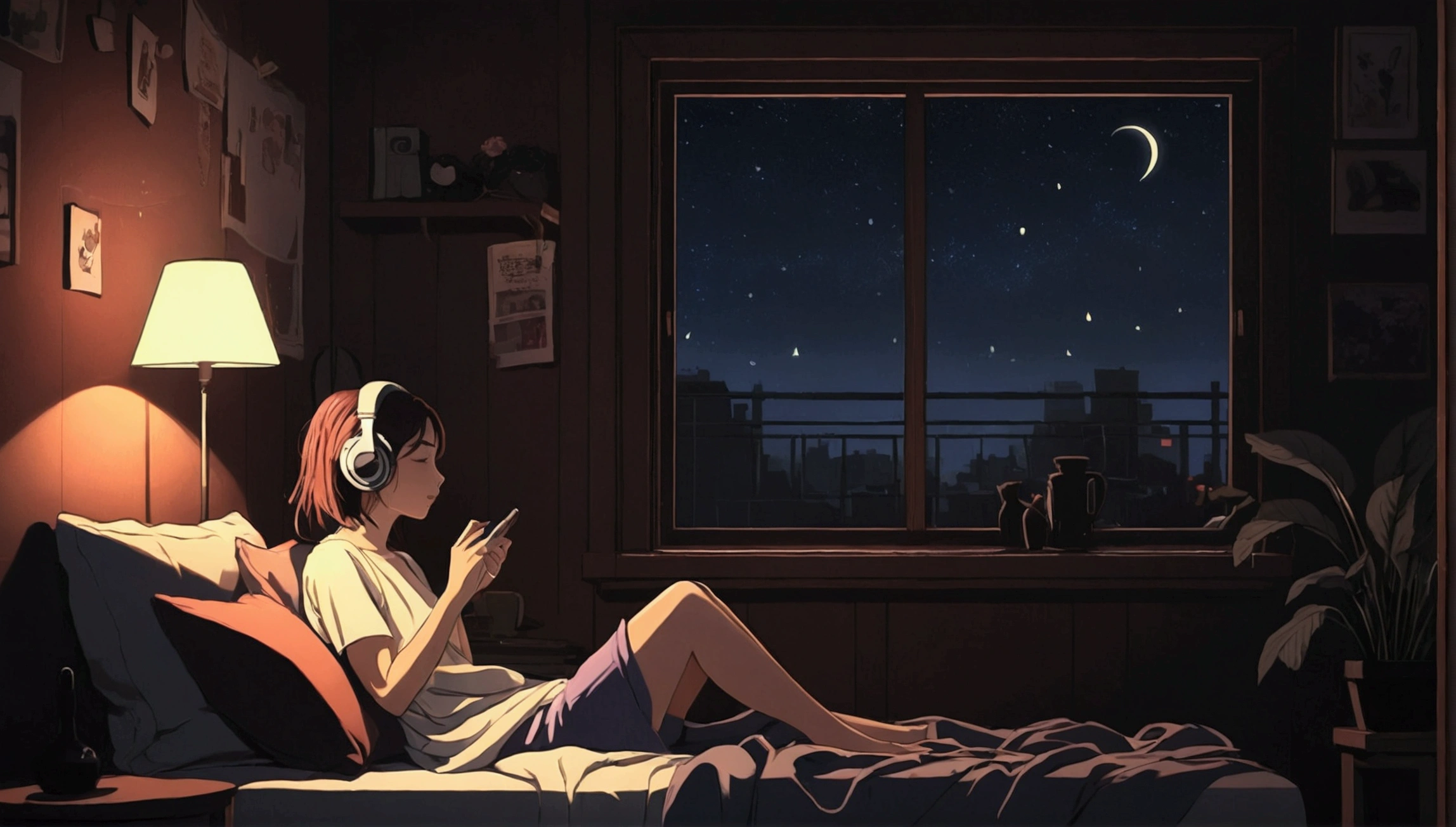 night、Girl listening to music in a cozy room, Using headphones, 2D-style animation, Lo-Fi, hard disk, Dark Environment,Barely,profile