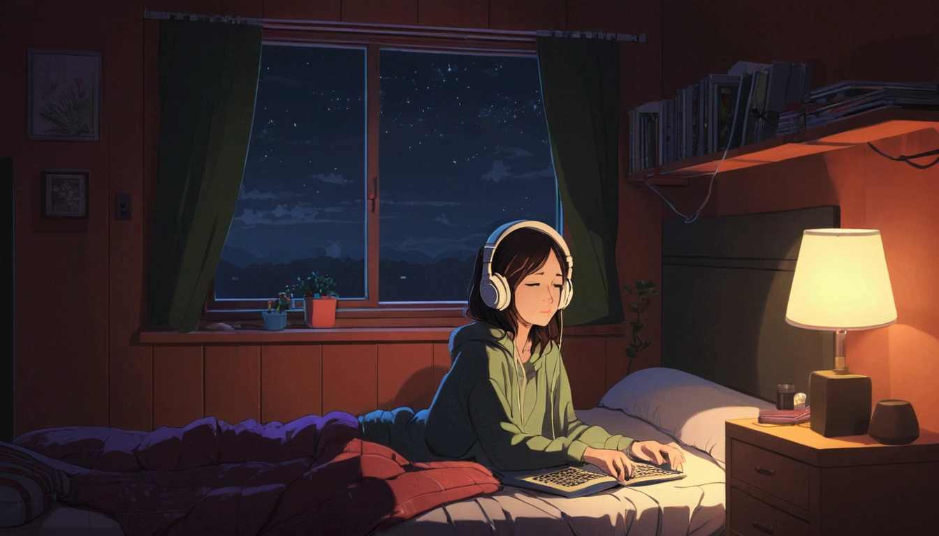 night、Girl listening to music in a cozy room, Using headphones, 2D-style animation, Lo-Fi, hard disk, Dark Environment,Barely,profile