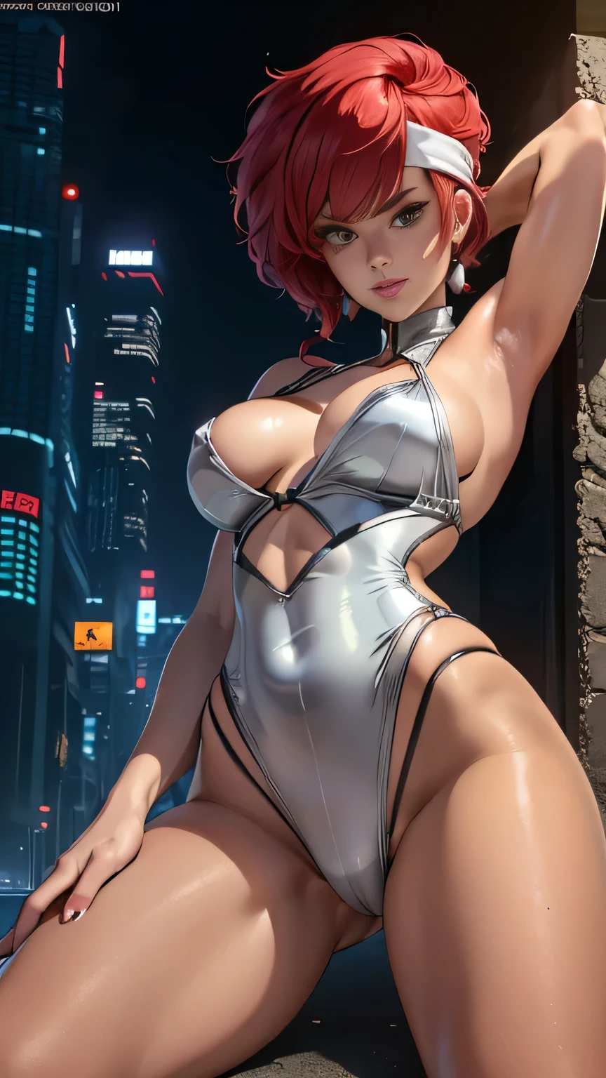 (masterpiece, best quality:1.2),((photoreal:1.1)),perfect anatomy,solo,perfect eyes,Kei from The Dirty Pair, ((bushy red hair beauty)), ((looking at viewer:1.4)),((horizontal angle)),((shoot from front:1.4))((muscular:1.3),((do not hide your crotch)),((do not show your skin:1.4)),((laying down))extremely delicate and beautiful dark skin, large breasts , enticing look, full lips, smirk, ((silver clothes, shiny clothes, red trim)), cameltoe, cyberpunk city background , 90’s thong