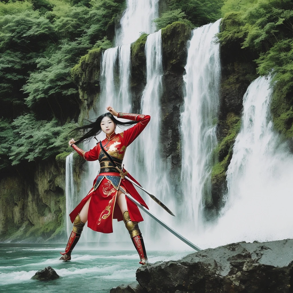 photography of female chinese warrior was swinging a sword forward, in front of her was a beautiful waterfall,powerful image of nature --ar 9:16 --style raw