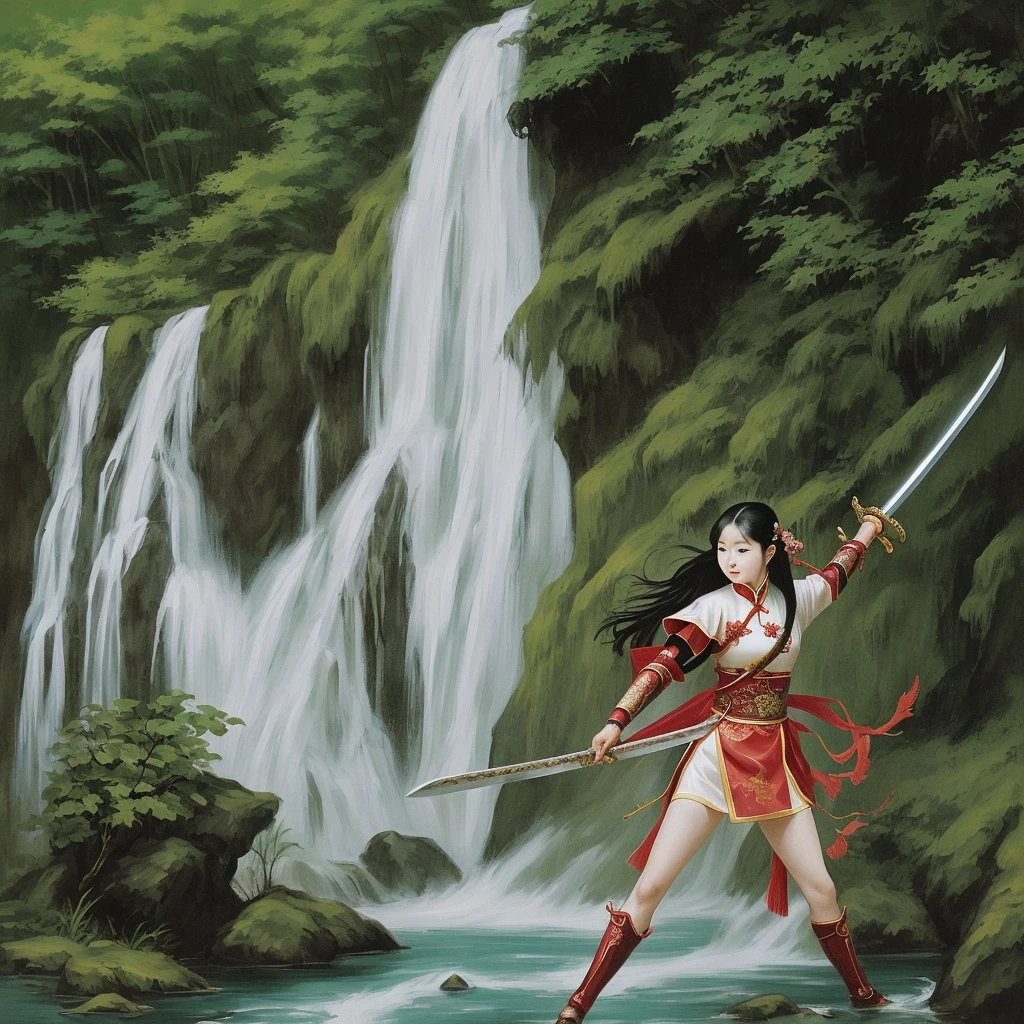 photography of female chinese warrior was swinging a sword forward, in front of her was a beautiful waterfall,powerful image of nature --ar 9:16 --style raw