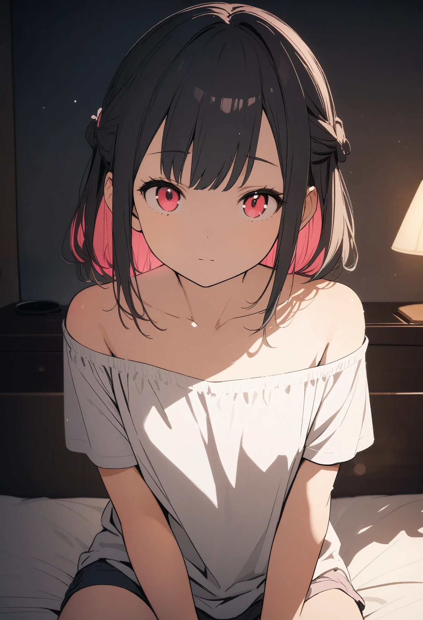 One 14-year-old girl, (Off-the-shoulder T-shirt)、(Red-pink inner color hairstyle), Beautiful Hair, Facial Contour, Remember, Hotel, moonlight、splash, Lens flare,, Natural Color, High resolution, Very delicate, Very detailed, 8k,(There is swelling of the breasts、About B cup)、(Shyness),((Sexual))、bed、Angle of view from the foot
