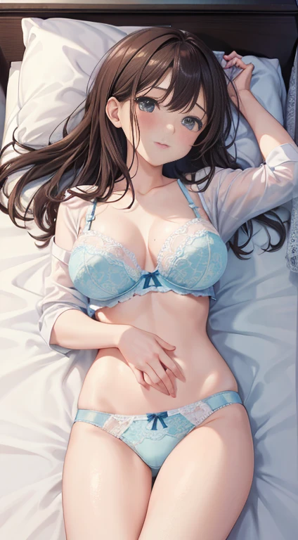 Highest quality、Bedroom、Girl lying on bed in underwear、Kamimei Sexy bra in light blue Lace panties、Before Sex、whole body、Shyness Long dark brown hair Big ample breasts Poses that accentuate the chest cute White shirt
