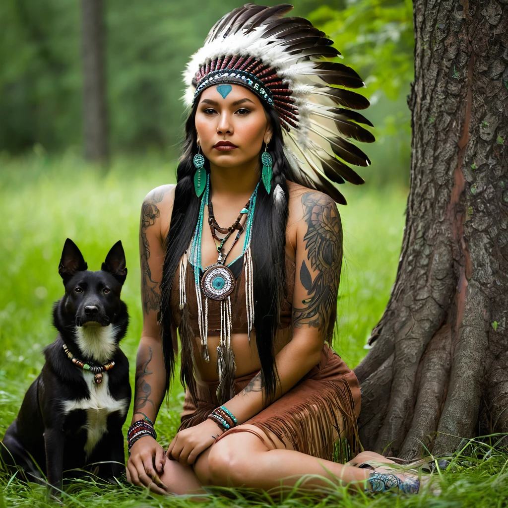 Realistic image of a beautiful Native American woman, alone, with long hair, looking at the viewer, black hair, brown eyes, jewelry, braid, earrings, dark skin, necklace, mole, dark-skinned woman, lips, tattoo, feathers, headdress, facial tattoo, Native America, sitting on the green grass in the forest tree and her dog