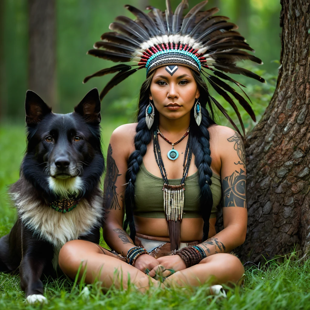 Realistic image of a beautiful Native American woman, alone, with long hair, looking at the viewer, black hair, brown eyes, jewelry, braid, earrings, dark skin, necklace, mole, dark-skinned woman, lips, tattoo, feathers, headdress, facial tattoo, Native America, sitting on the green grass in the forest tree and her dog