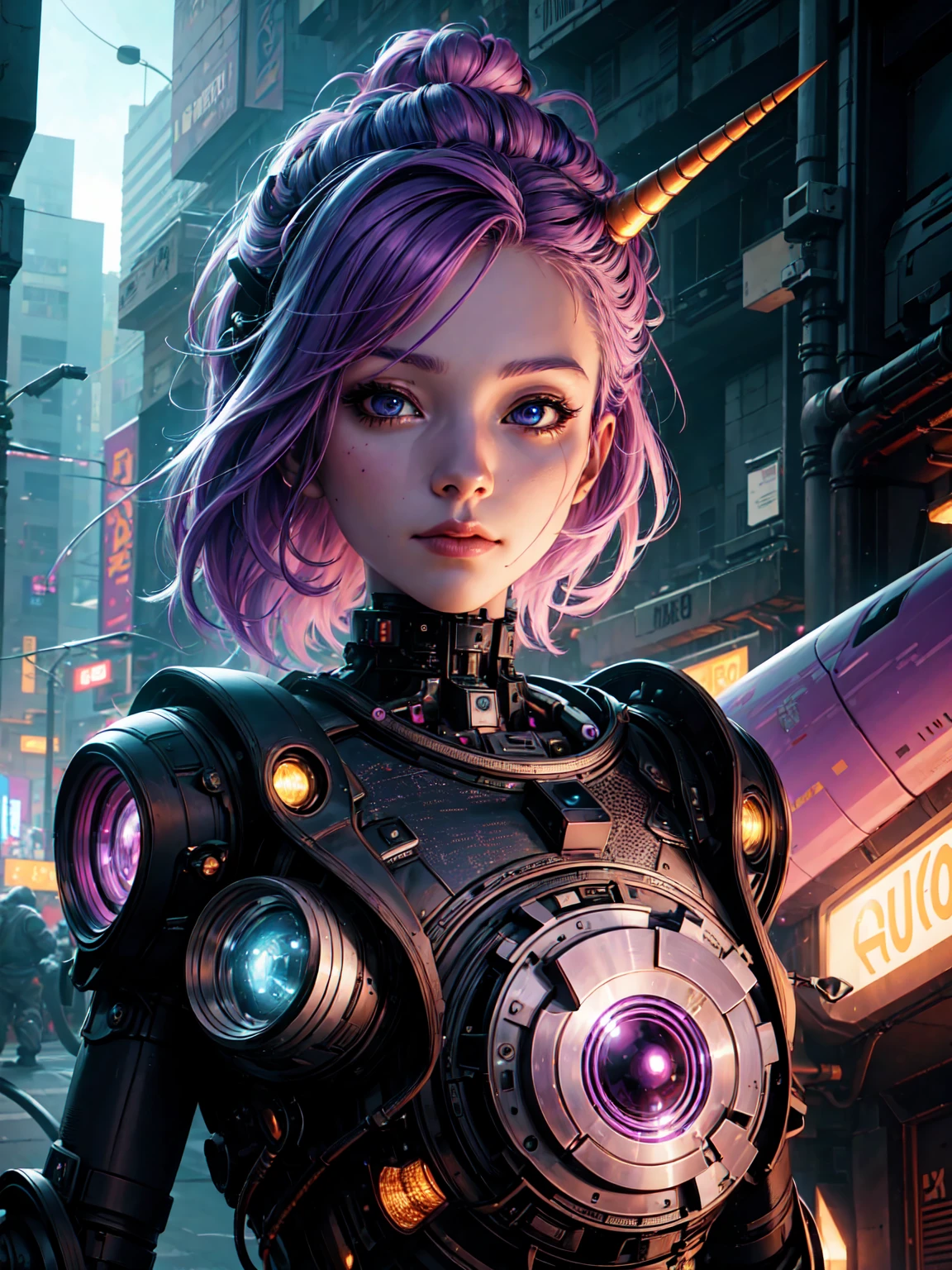 a wise-looking unicorn with purple hair, robotic, sci-fi, highres, 8k, photorealistic, intricate details, dramatic lighting, vibrant colors, cinematic composition, volumetric fog, ray-traced reflections, ultra-detailed, masterpiece.