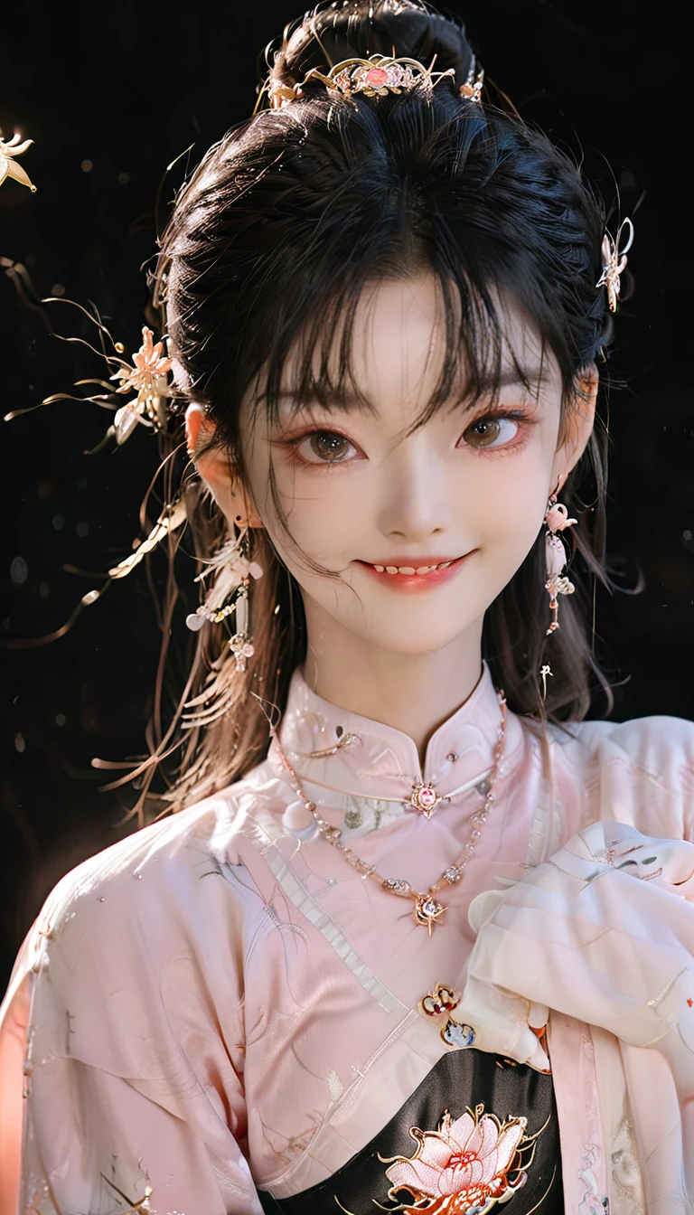 best quality, masterpiece, high resolution, 1 Girl,blush,(Charming smile:0.8),Star-shaped pupil,china hanfu,Hair accessories,necklace, Jewelry,Pretty Face,Above_Body, Tyndall effect,Reality, Dark Studio, Edge lighting, Two-tone lighting,(High Detail Skin:1.2), 8K uhd, Digital SLR Camera, Soft lighting, high quality, Volumetric Lighting, frank, photo, high resolution, 4K, 8K, Bokeh