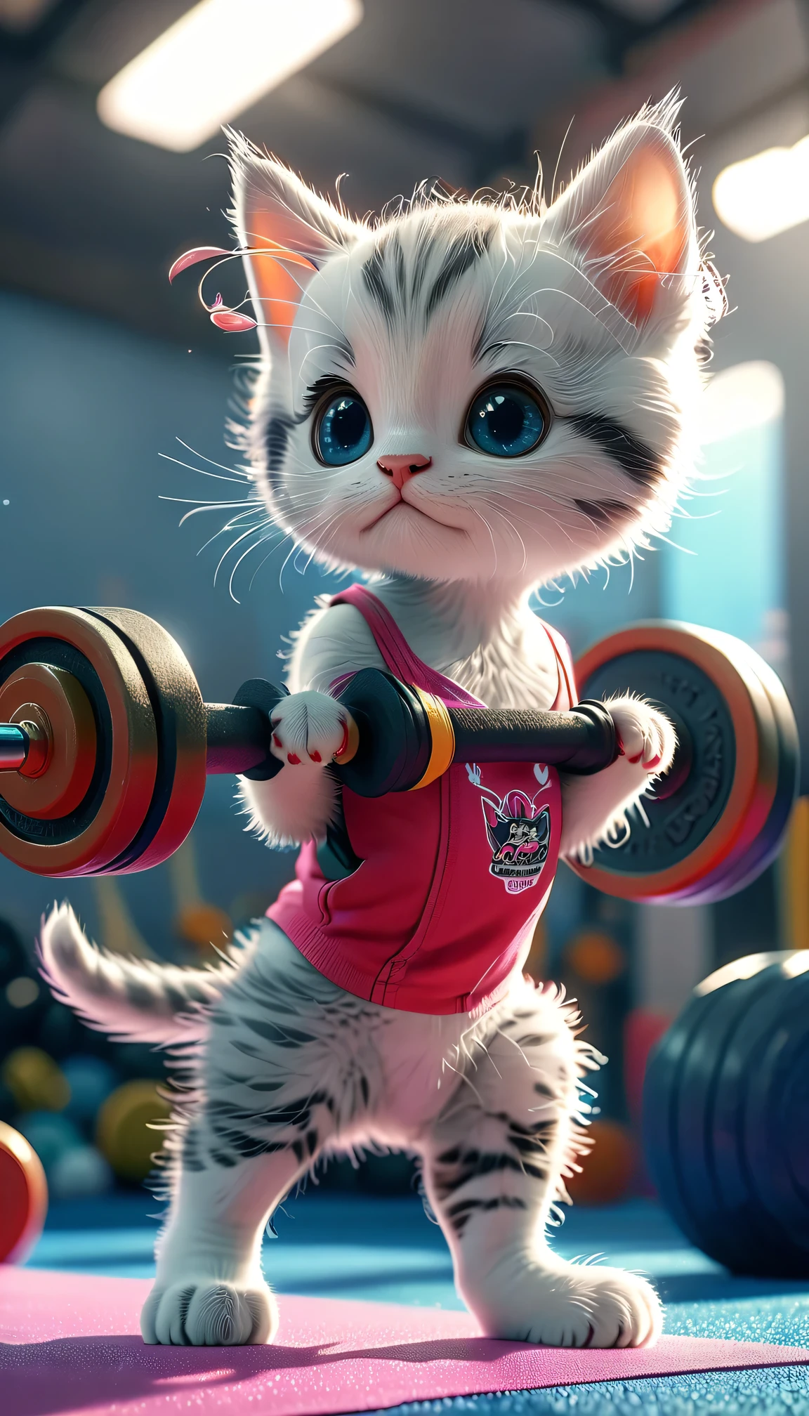 ((8k)), highest quality, 超High resolution, (High resolution), The kitten is wearing gym clothes, Lifting weights, Gymnastics venue, Arena, Loud cheers from the audience