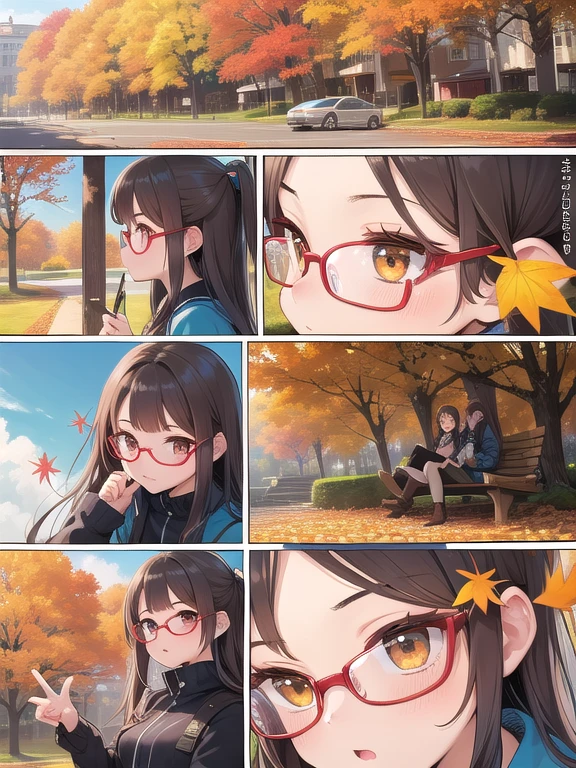 masterpiece, Best quality,ultra detail, a comic , (a comic_panel_layout) brown long hair,girl,Brown eyes,Glasses,autumn leaves,Park
