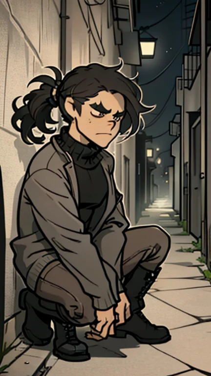 (detailed), (((normal guy))), (Arabic characteristics), ((gray wool jacket)), ((pelo negro rizado ponytail hairstyle)), ((ponytail hairstyle)), (calm face), ((by the width)), ((Brown boots)), (((whole body))), ((in a dark alley crouching)), ((male)), (gray turtleneck sweater), ((only one person)), (at night), seen in profile