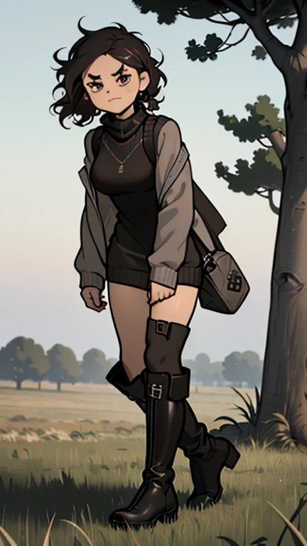 (detailed), (((normal girl))), (Arabic characteristics), ((gray wool jacket)), ((pelo negro rizado free hair)), ((free hair)), (calm face), ((by the width)), ((Brown boots)), (((whole body))), ((in the middle of a field leaning on a tree), ((woman)), (gray turtleneck sweater), ((only one person)), (at midday)