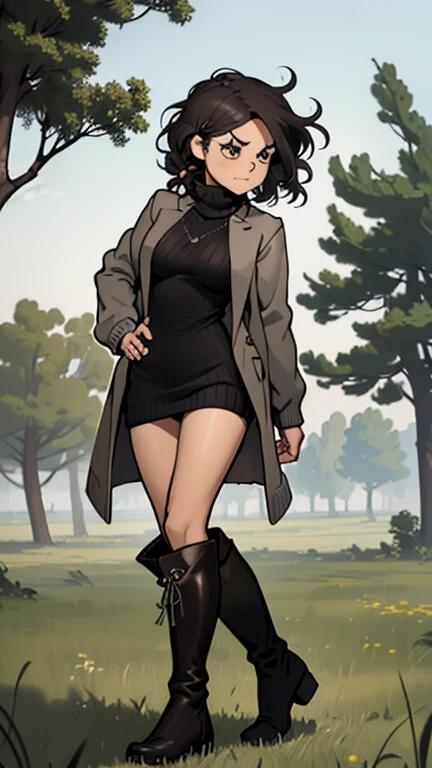 (detailed), (((normal girl))), (Arabic characteristics), ((gray wool jacket)), ((pelo negro rizado free hair)), ((free hair)), (calm face), ((by the width)), ((Brown boots)), (((whole body))), ((in the middle of a field leaning on a tree), ((woman)), (gray turtleneck sweater), ((only one person)), (at midday)