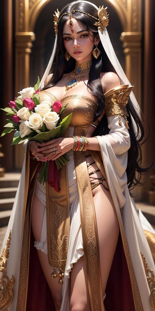 Sexy hota beautiful detailed female hindu goddess, skin, long black hair, intricate white and jeweled outfit, standing next to two large white lions, holding a bouquet of colorful flowers, (best quality,4k,8k,highres,masterpiece:1.2),ultra-detailed,(realistic,photorealistic,photo-realistic:1.37),extremely detailed face and eyes,beautiful detailed lips,extremely detailed and intricate jewelry and clothing,detailed fur on the lions,vibrant colors,dramatic lighting,ornate and elaborate background outfit white